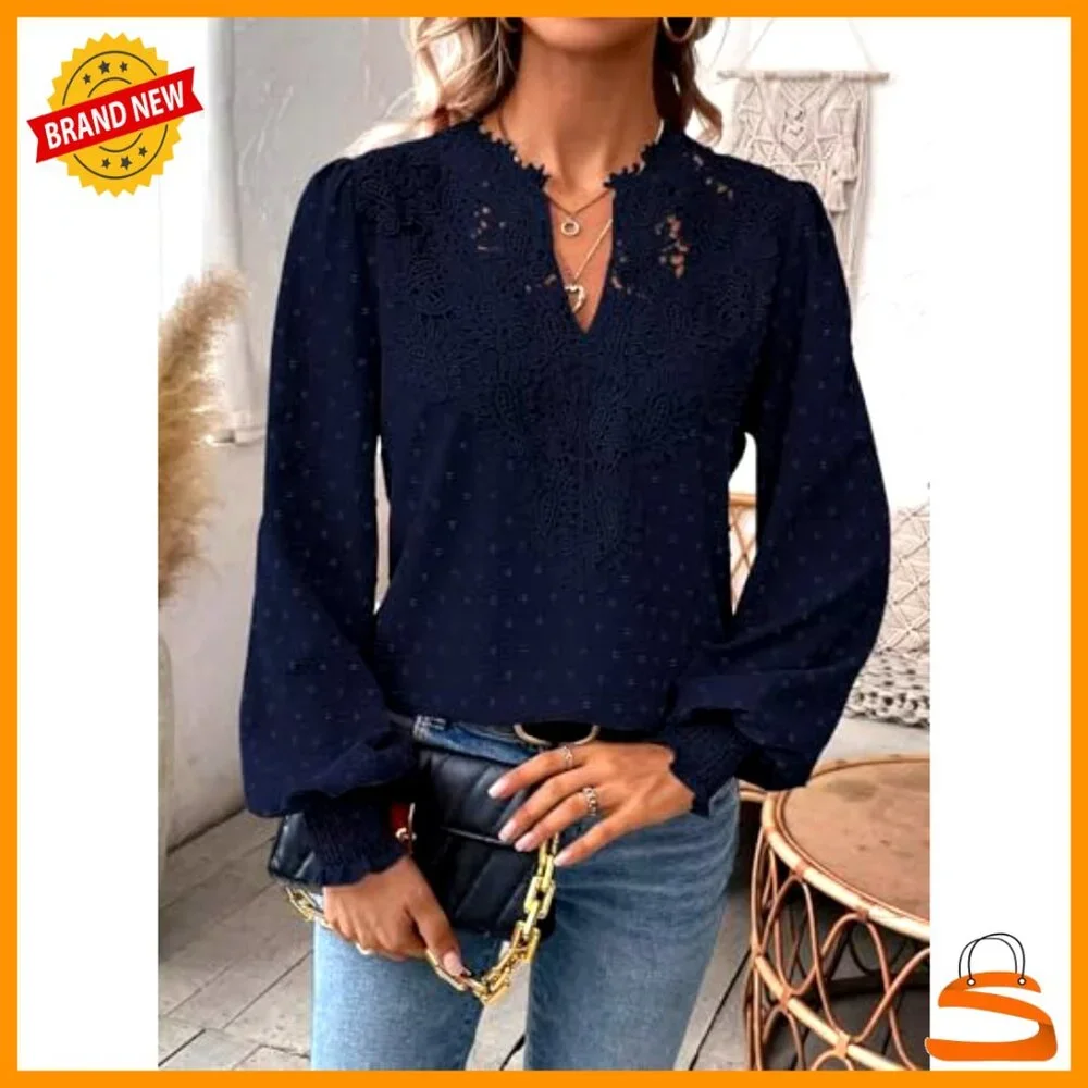 Long Sleeve V-Neck Blouse Loose Fit Polyester Boho Ruffled Cuff - Picture 5 of 7